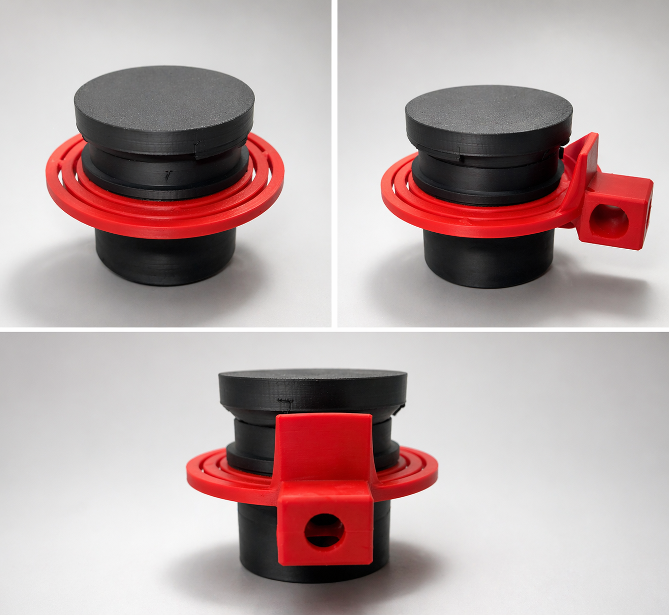 3D-printed HorizonLine prototype — three views showing the black cylindrical body and red gimbal ring